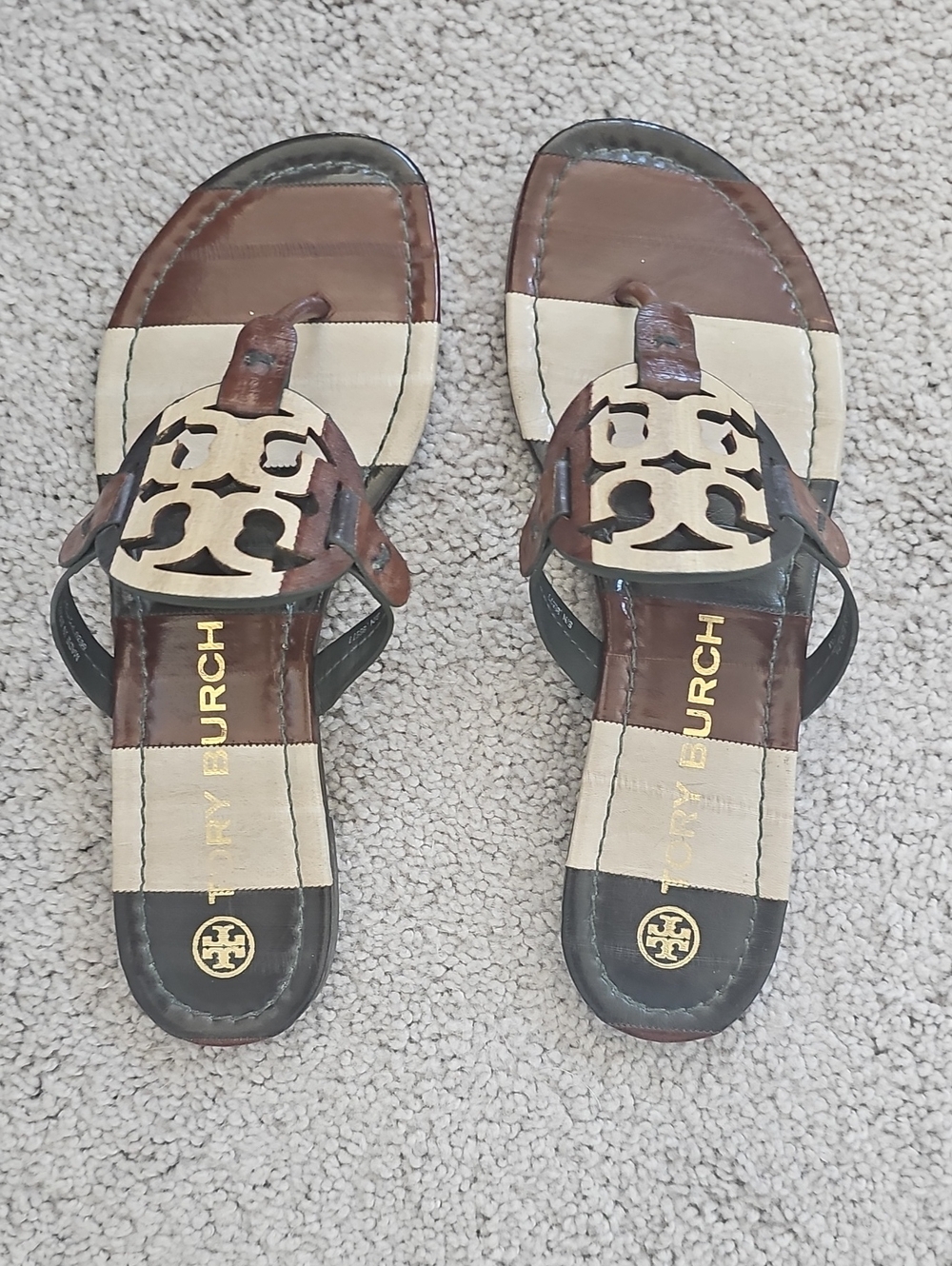 Tory Burch Brown and Cream Logo Leather Sandals